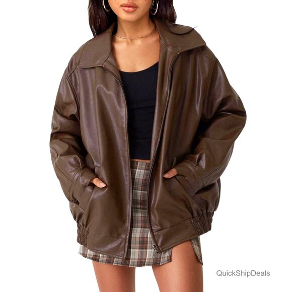 Oversized Faux Leather Motorcycle Jacket Zipper Closure Relaxed Fit